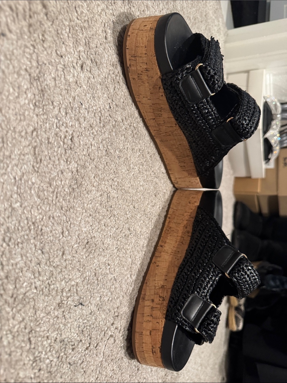 Coach Black Raffia Cork Platform Slide Sandals - Picture 4 of 8